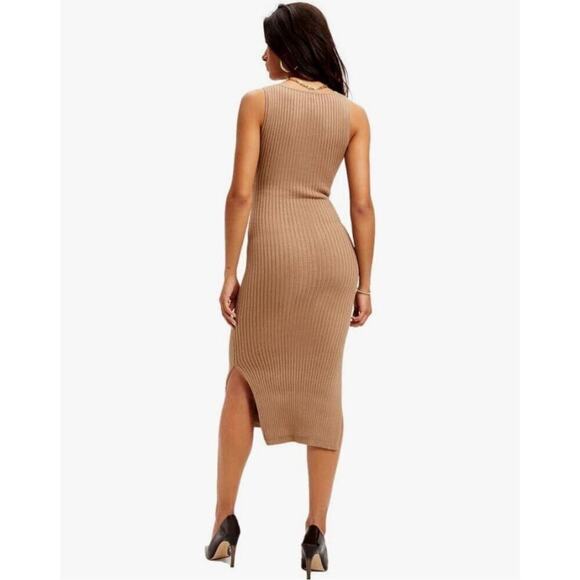 Good American Dress Belted Body Midi Ribbed Knit Stretch Taupe Tan Brown 3 L - Picture 2 of 10